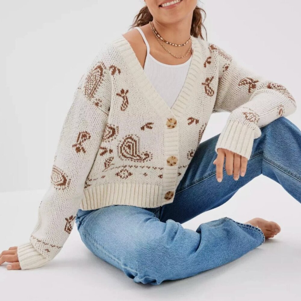 American Eagle Paisley Bandana Cardigan Size Small Cream Brown Western Cowgirl